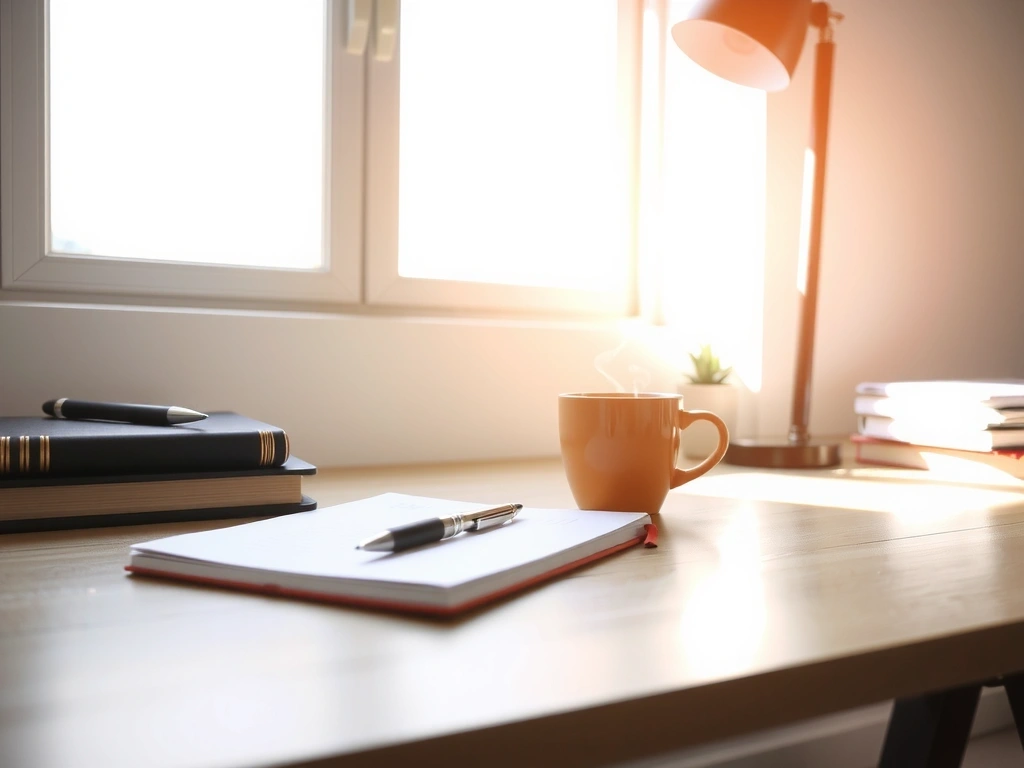 Biurko z notesem i kubkiem herbaty w nowoczesnym, minimalistycznym otoczeniu.